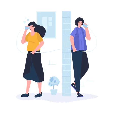 Couple talking through cup  Illustration
