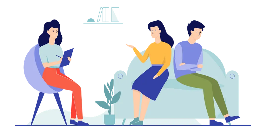 Family Couple Sitting On The Couch Talking To Female Psychologist Visit To Psychiatrist And Depression Treatment Mental Health Professional Isolated Flat Vector Illustration Illustration