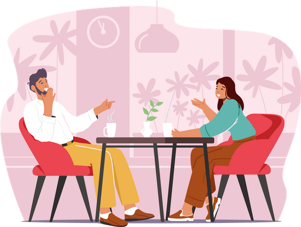 Couple talking while sitting at restaurant Illustration