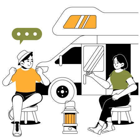 Couple talking while sitting outside campervan  Illustration