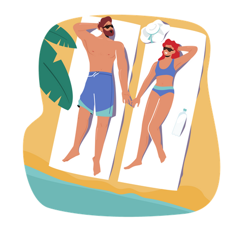 Couple Tanning On Beach Lying On Mat With Sunscreen Protection Cream  Illustration