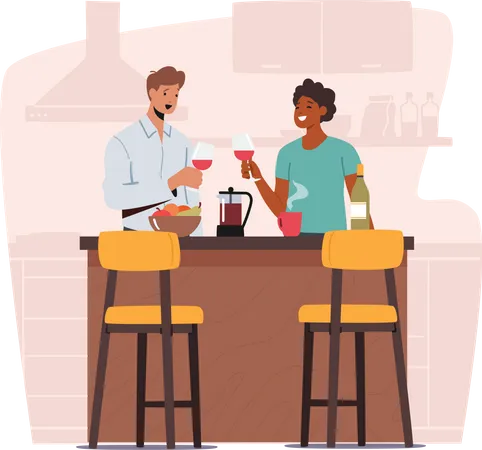 Couple tenant des verres à vin dans les mains debout au bureau de cuisine avec des fruits  Illustration
