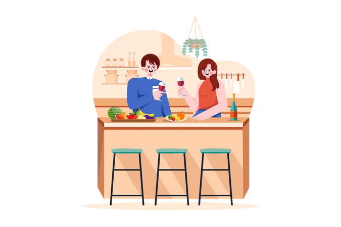 Couple tenant des verres à vin dans les mains debout au bureau de cuisine avec des fruits  Illustration