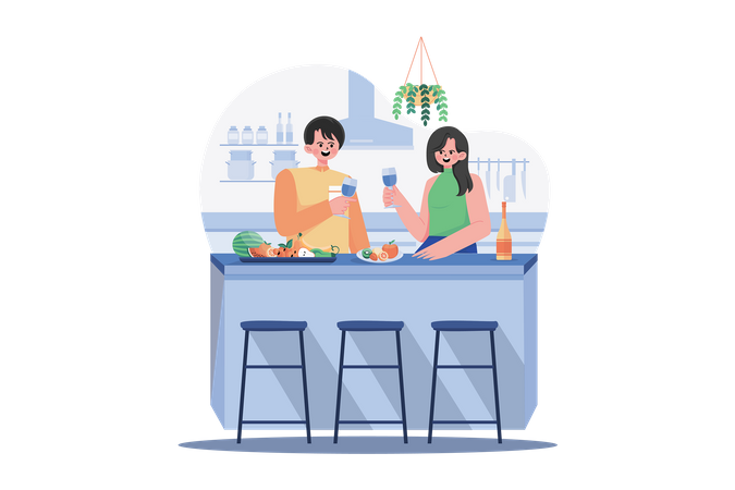 Couple tenant des verres à vin dans les mains debout au bureau de cuisine avec des fruits  Illustration