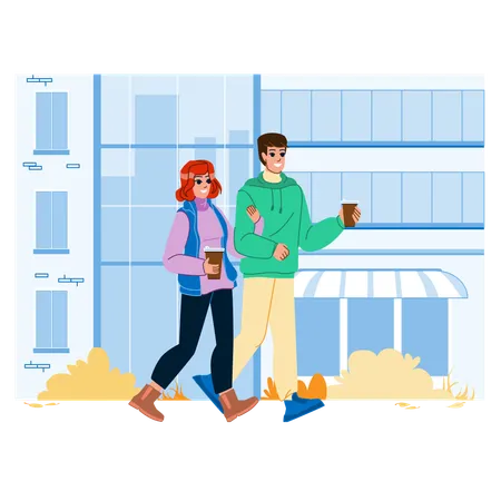 Couple tenant une tasse de café et marchant dans la rue de la ville  Illustration