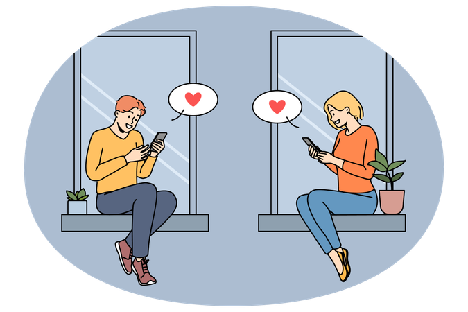 Couple texting online on smartphones  Illustration