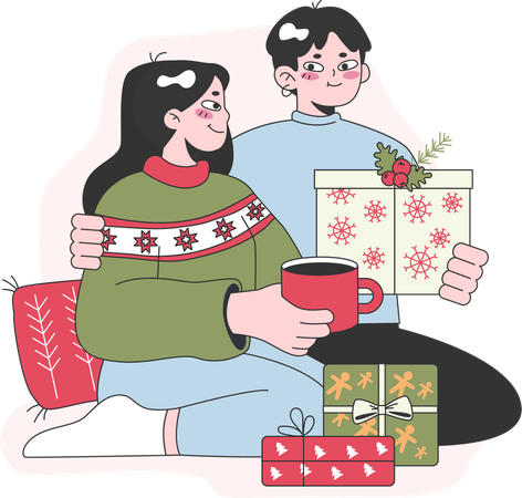 Le couple tient un cadeau de Noël  Illustration