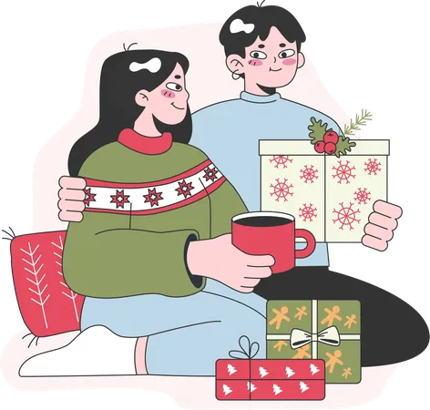 Le couple tient un cadeau de Noël  Illustration