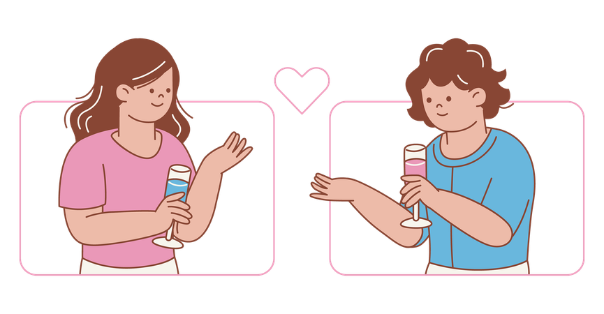 Couple Toasting with Drinks on Dating App  Illustration