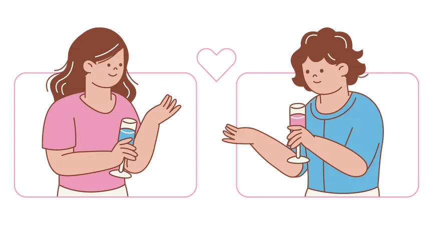 Couple Toasting with Drinks on Dating App  Illustration