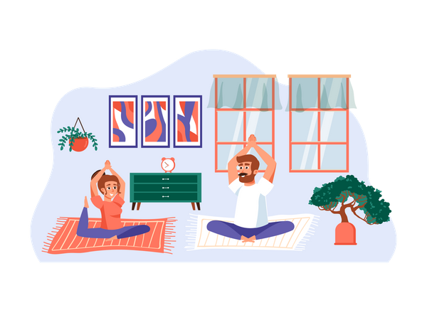 Couple together practicing yoga at home Illustration