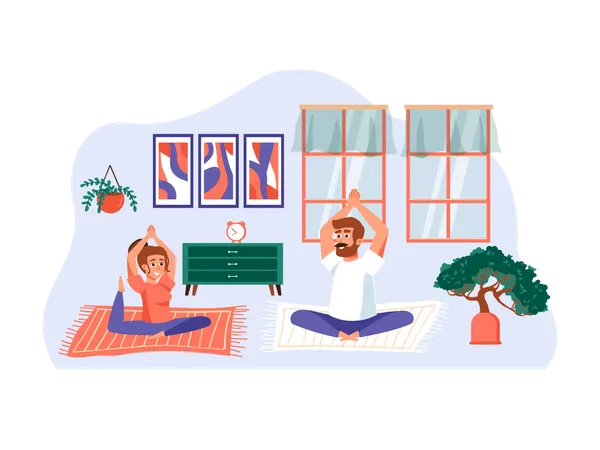 Couple together practicing yoga at home Illustration