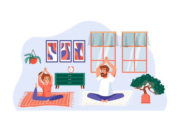 Couple together practicing yoga at home  Illustration