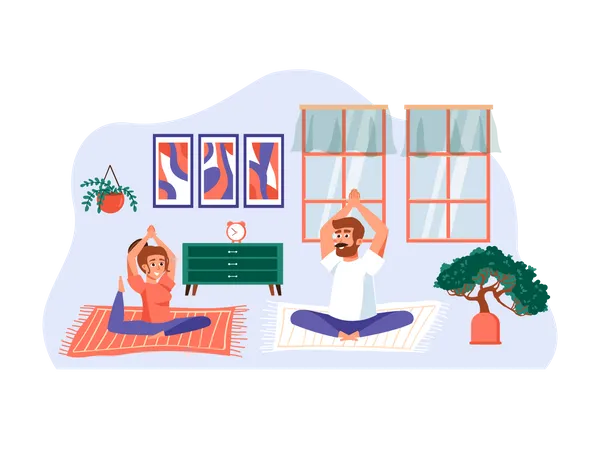 Couple together practicing yoga at home  Illustration