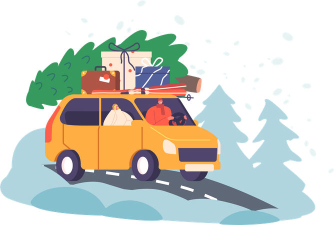 Couple Travel for Christmas Holidays on Car with Fir Tree and Bags  Illustration