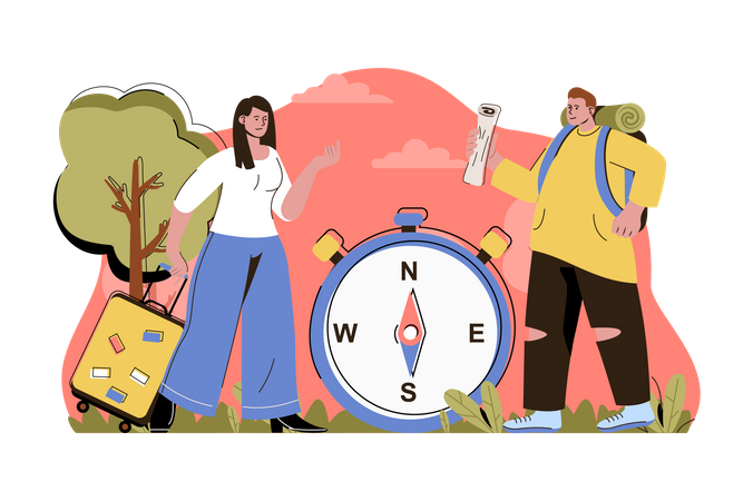 Couple travelling and using compass for direction Illustration