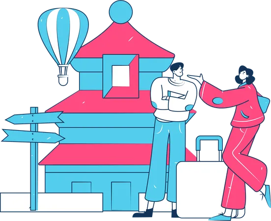 中国を旅行するカップル  イラスト