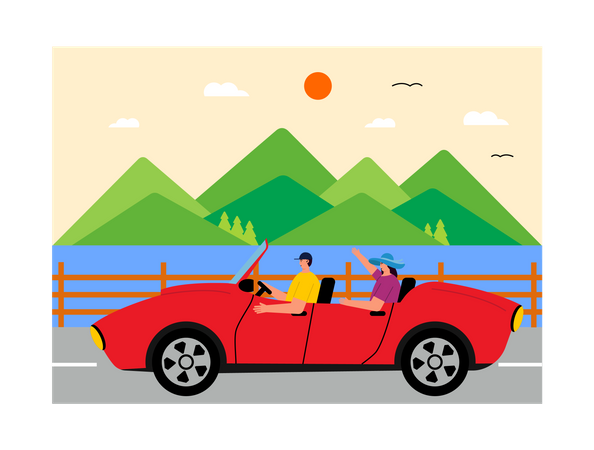Couple travelling in car Illustration