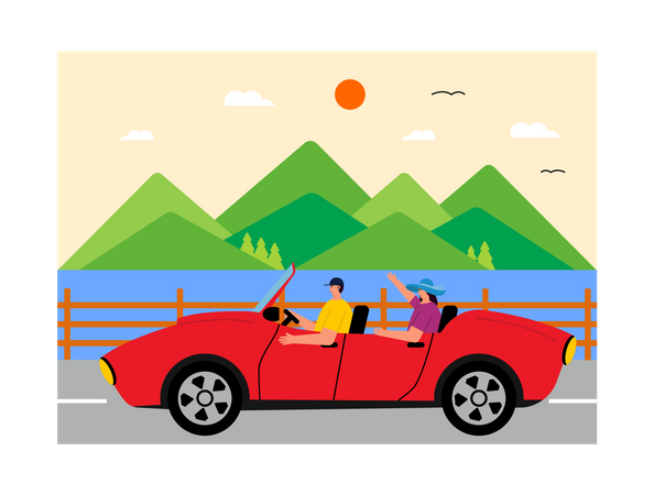 Couple travelling in car  Illustration