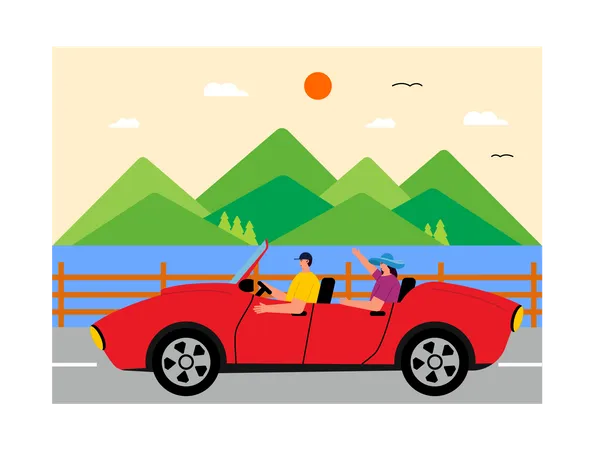 Couple travelling in car  Illustration