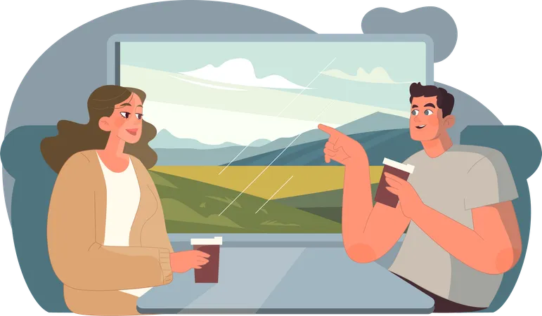 Couple travelling in train  Illustration