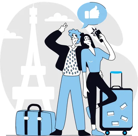 Couple travelling to Eiffel Tower  Illustration