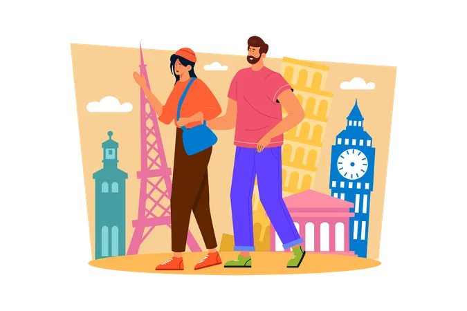 A Couple Spends The Day Exploring A New City Or Town Together To Create New Memories Illustration