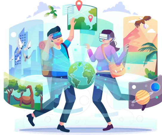 Couple travelling using VR  Illustration