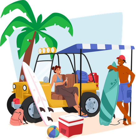 Couple Travels In Car on Beach  Illustration