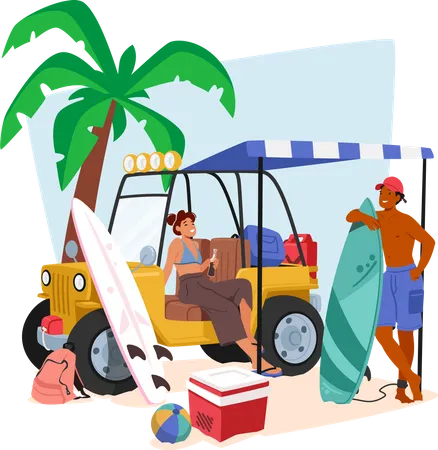 Couple Travels In Car on Beach  Illustration