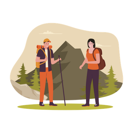 Couple trekking on mountain Illustration