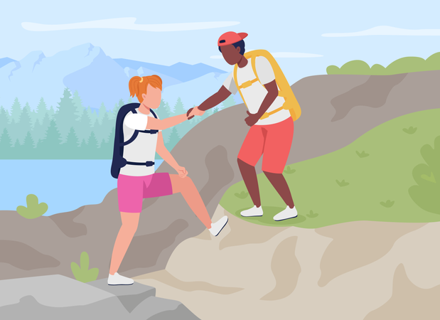 Couple trekking together Illustration