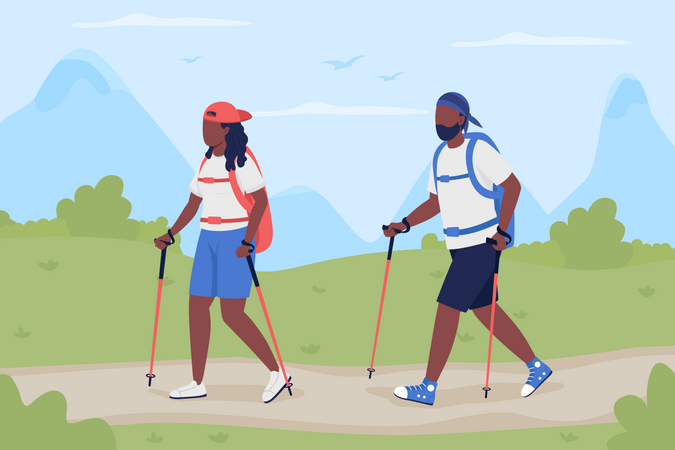 Couple trekking together  Illustration