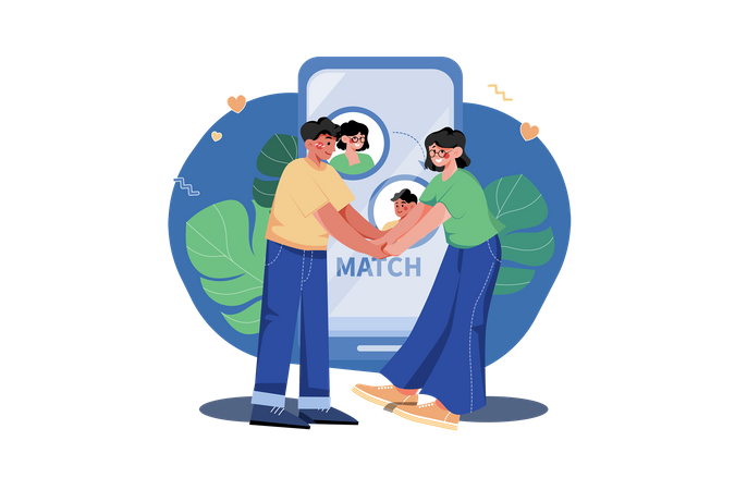Couple trouvant une partenaire parfaite sur une application de rencontres en ligne  Illustration