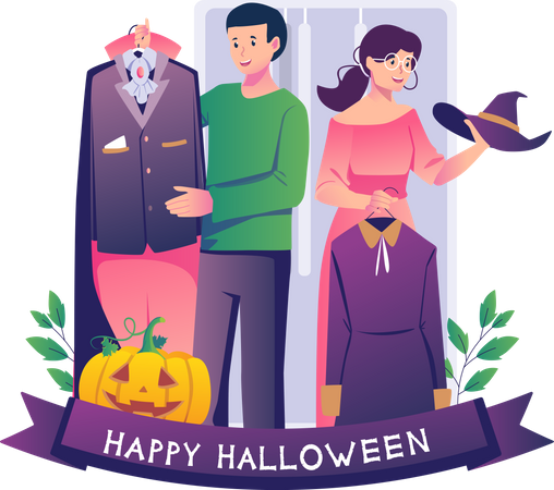Couple trying dressed spooky outfits to prepare for the Halloween night party  Illustration