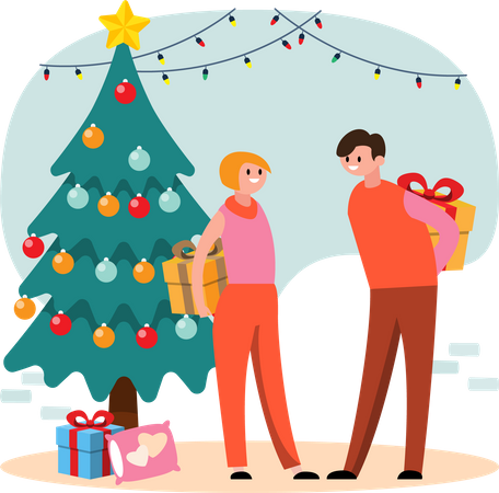 Couple trying to surprise Christmas gifts  Illustration