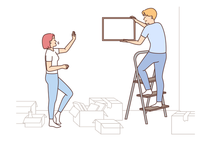 Couple unboxing house stuff  Illustration