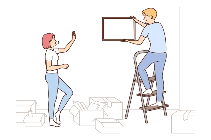 Couple unboxing house stuff  Illustration