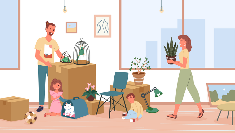 Couple unpacking stuff in new home  Illustration