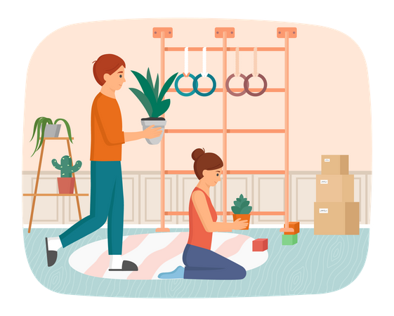 Couple unpacking things after moving to new house Illustration