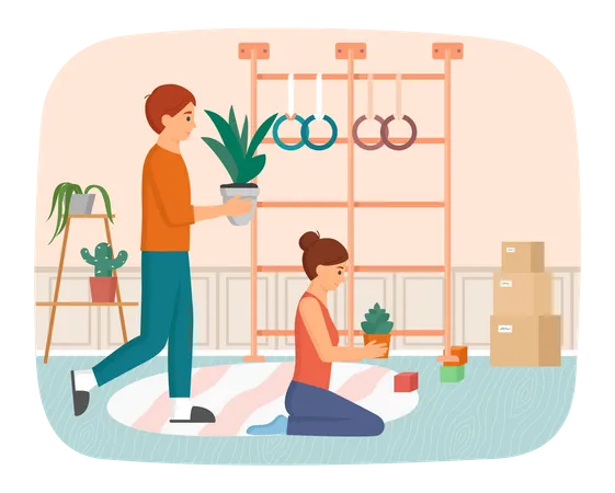 Young Family Moving To New House Puts Things In Cardboard Boxes Changes Place Of Residence Couple Unpacking Things After Shipping Settle Down In New Apartment Rental Of Premises Concept Illustration
