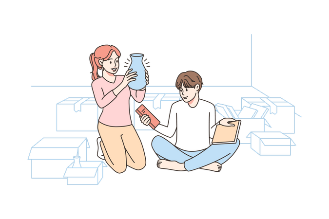 Couple unpacking things after moving to new house  Illustration