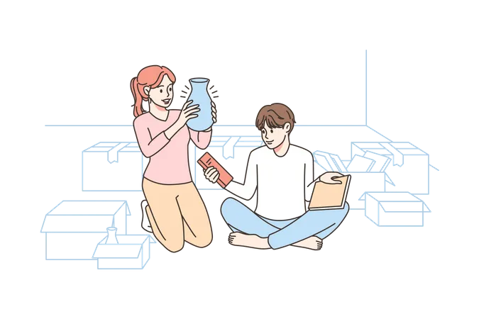 Couple unpacking things after moving to new house  Illustration