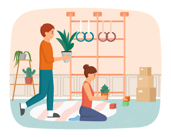 Couple unpacking things after moving to new house  Illustration