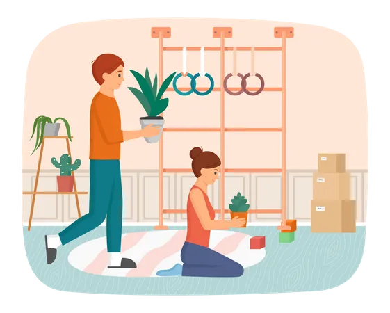 Couple unpacking things after moving to new house  Illustration