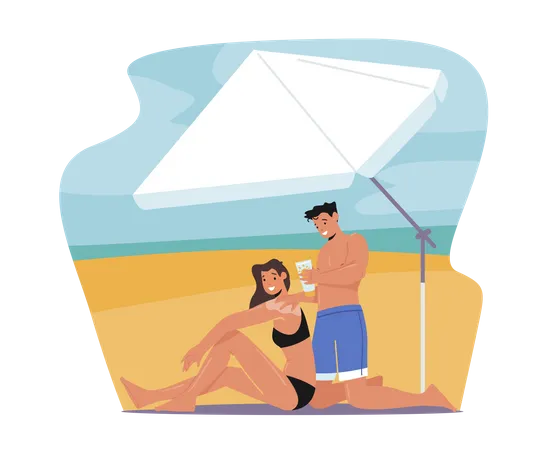Couple Use Sun Protection Cream On Beach Illustration