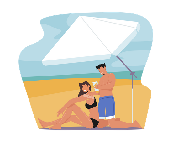 Couple Use Sun Protection Cream On Beach  Illustration