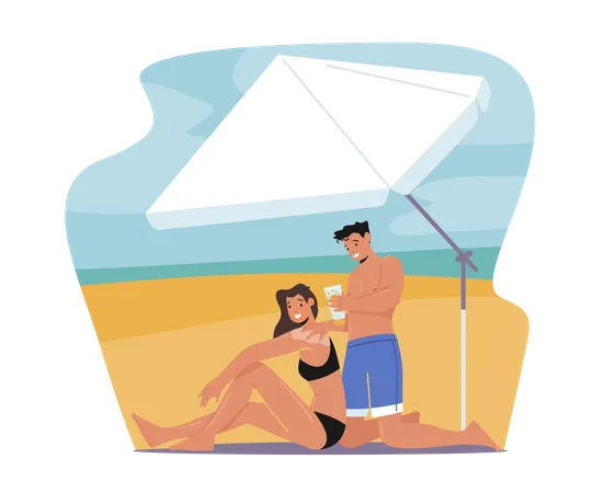 Couple Use Sun Protection Cream On Beach  Illustration