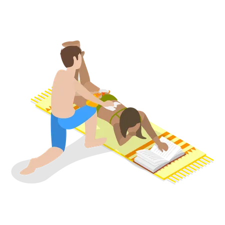 Couple use sunscreen on beach  Illustration