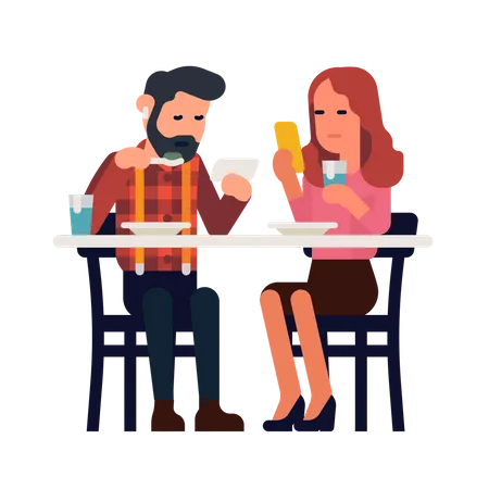Couple uses a phone while having a meal  Illustration
